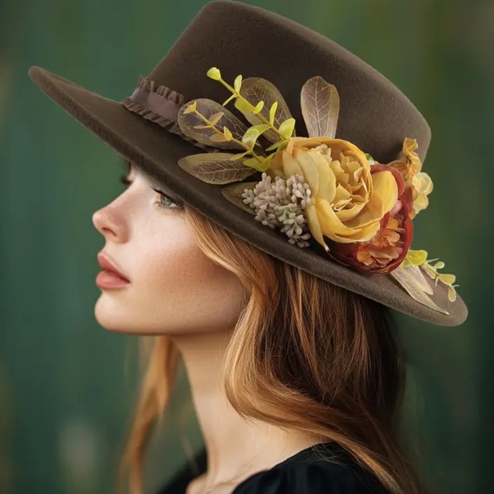Brown Floral Wide-Brim Felt Hat with Yellow Flower Accent